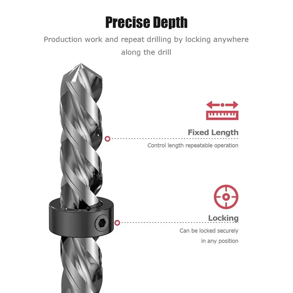 Adjustable Drill Depth Stop Bit Collar Set Positioner Limit Ring Allen Wrench Tighten The Stopper Set-Screws Woodworking Tool