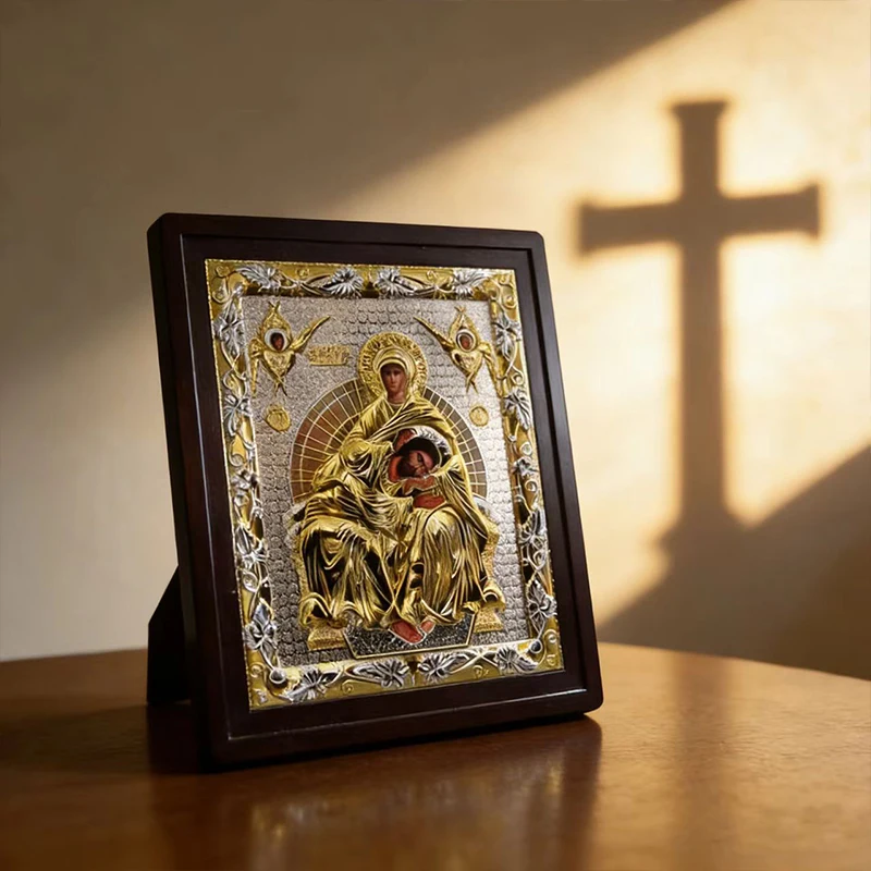 

New Luxury Gold Plated Orthodox Virgin Mary Icon with Wooden Frame for Church Home Altar Prayer Devotion Christian Gift Decor