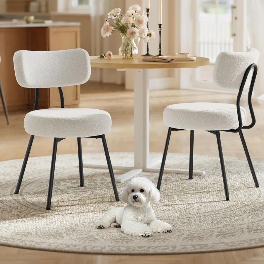 

Boucle Dining Chairs Set of 2, Upholstered Kitchen Dining Room Chairs with Curved Backrest and Steel Frame, Modern Mid Century,