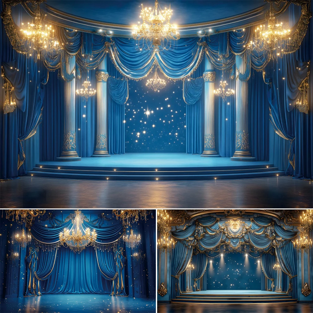 Royal Blue Luxurious Palace Photography Background Little Prince Birthday Party Gold Chandelier Castle Indoor Portrait Backdrops