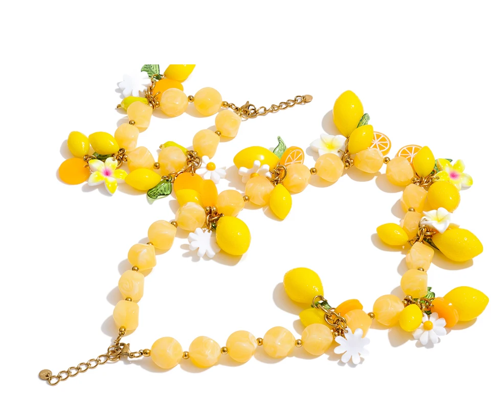 Yhpup Frühling Sommer Stil Zitronen-Charm Statement-Halskette Armband Set 2026 Blumen-Acrylharz-Kette Handgemachter Schmuck – Detail 1