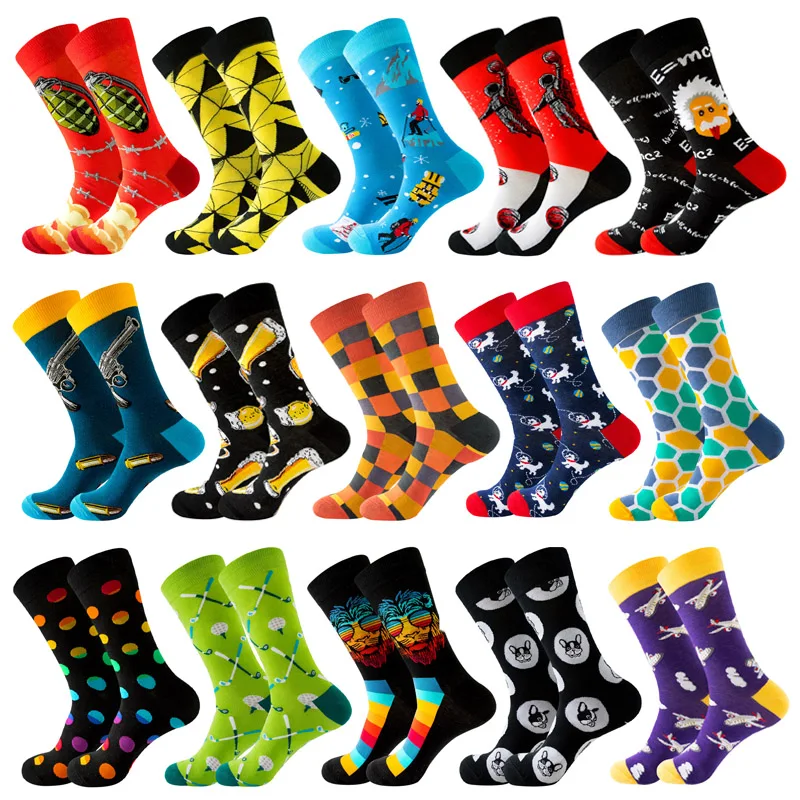 High Quality Combed Cotton Long Tube Men\'s Socks Harajuku for Funny Hip hop Print beer geometry pattern Happy Casual Socks