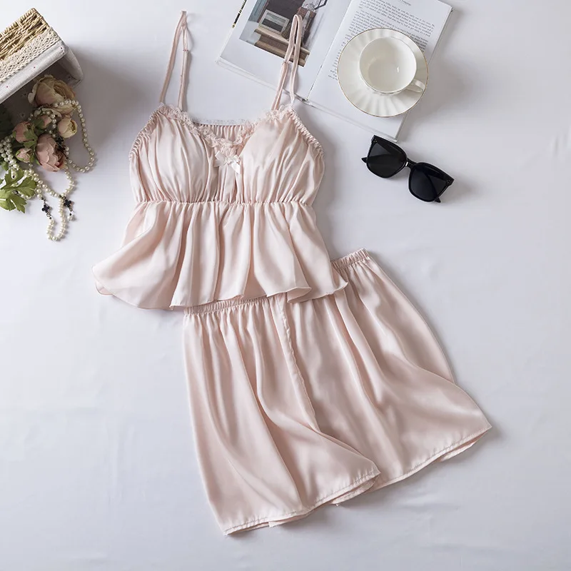 

Sexy Cami Shorts Pajamas Set Women Rayon Sleepwear Home Clothes Lace Suspender Pyjamas Suit Summer 2Pcs Intimate Lingerie