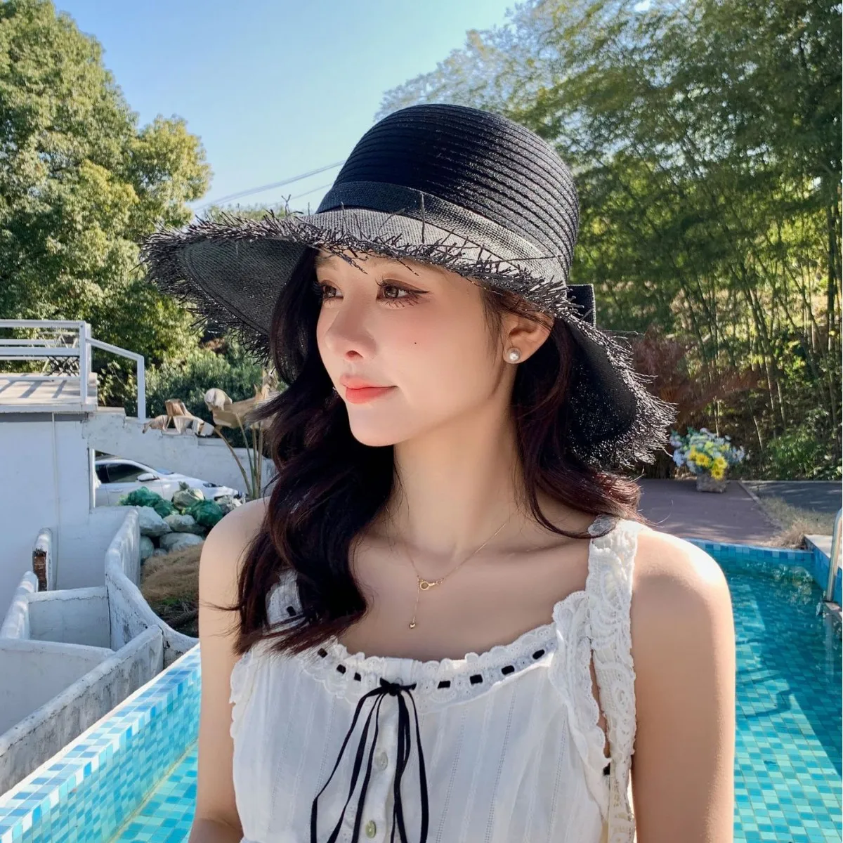 

New beard edge splicing straw hat women's summer seaside vacation beach hat sunshade sunscreen breathable big edge bucket hat
