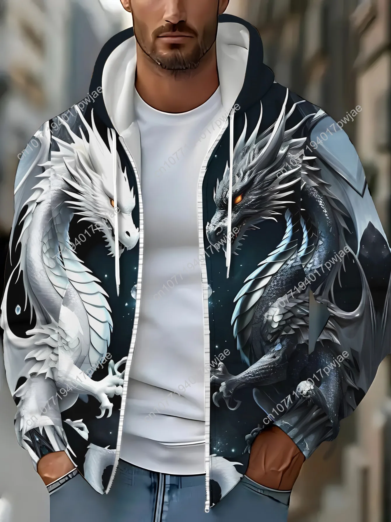 Мужская толстовка на молнии с принтом дракона — легкий, прочный полиэстер, дышащая ткань для активного отдыха, путешествий и повседневного использования