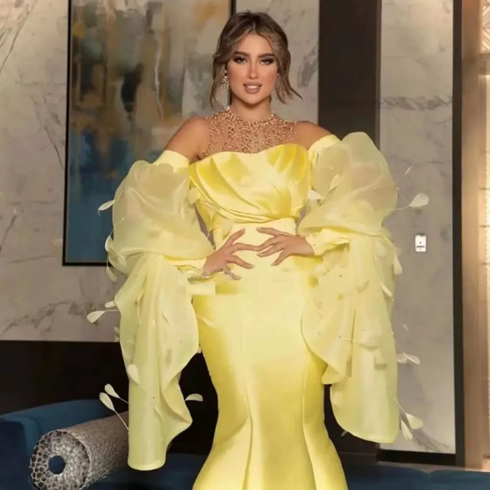 Abiti da sera personalizzati con perle di lusso Dubai Arabo O-Collo Abito da sera da ballo Sirena Maniche lunghe a sbuffo Abiti da ballo formali