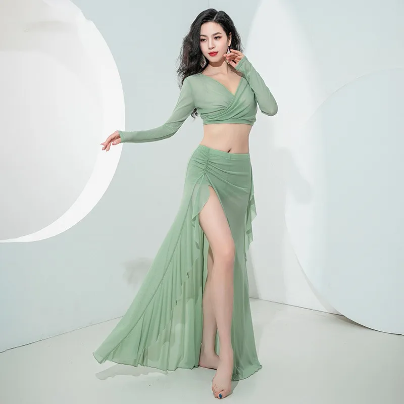 2024 Women Oriental Dance Gauze Costume Long Sleeve Top Sexy Side Split Skirt Solid Transparent Bellydance Practice Outfit Cheap