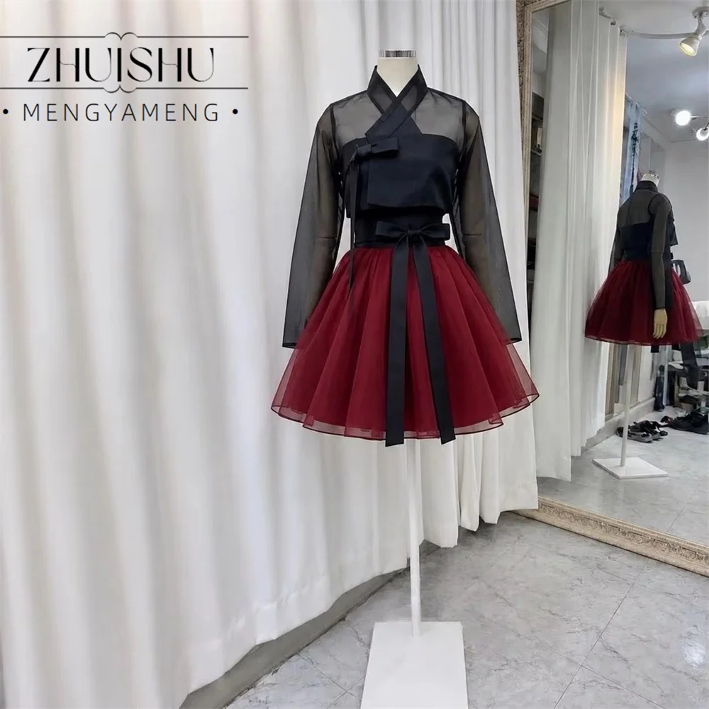 Schwarzes und rotes Minikleid im koreanischen Hanbok-Stil mit Schleife, Prinzessinnen-Ballkleid-Set, A-Linie, Konzertkostüme, maßgeschneidert