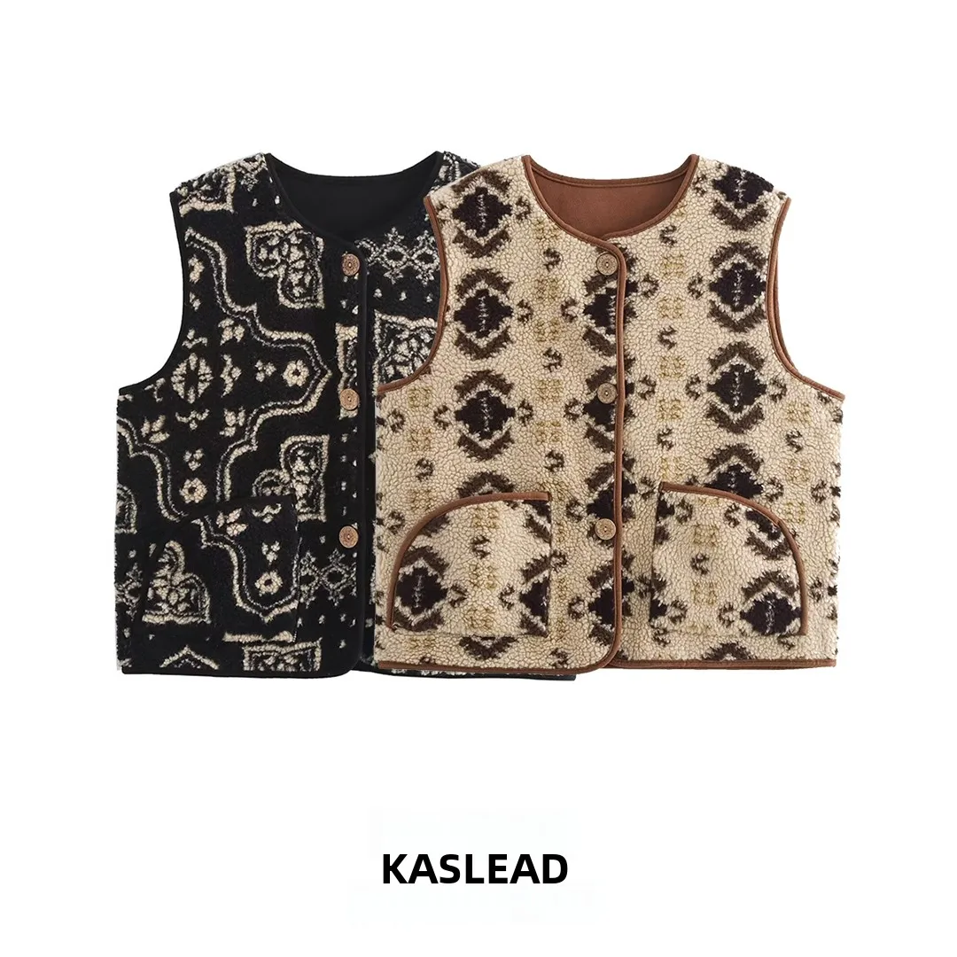 

KASLEAD модный жилет из меха ягненка, женский уличный жилет, круглый, из кожи и меха, встроенный растительный цветочный узор