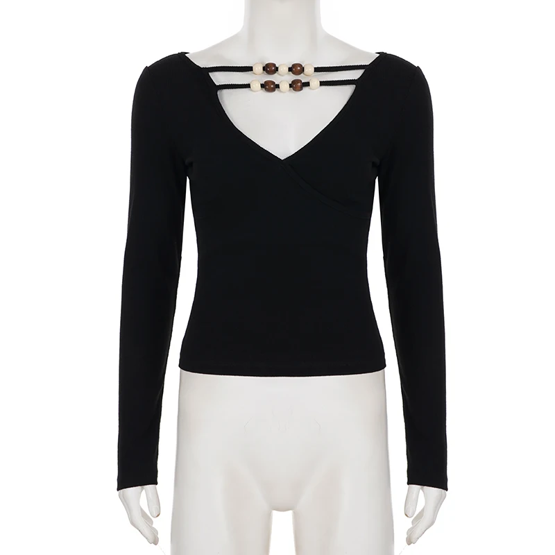 Holiday Vintage Beaded T Shirts Casual Basic Slim Deep V-Neck Long Sleeve Tees Women 2025 Autumn Spring Fashion Streetwear Lady