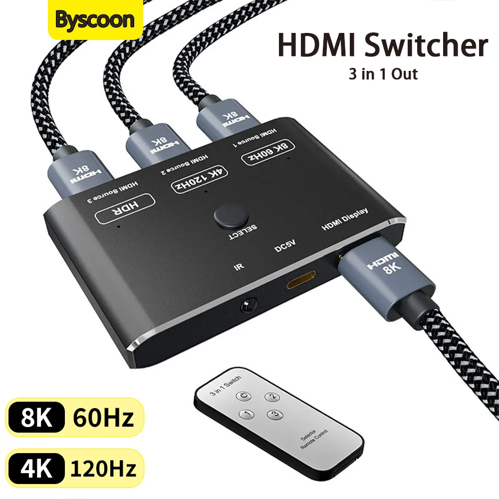

HDMI 2.1 Switch 3 in 1 Out 8K@60Hz 4K@120Hz Splitter with Remote Control Directional HDMI Switcher For PS5 Xbox TV Monitors