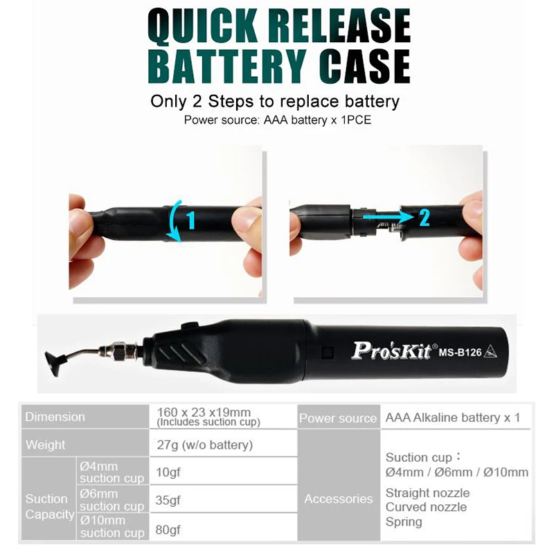 Pro'sKit Anti-static Electric Suction Pen with Three Vacuum Suction Cups for CPU Optical Components and Electronic Repair Tools