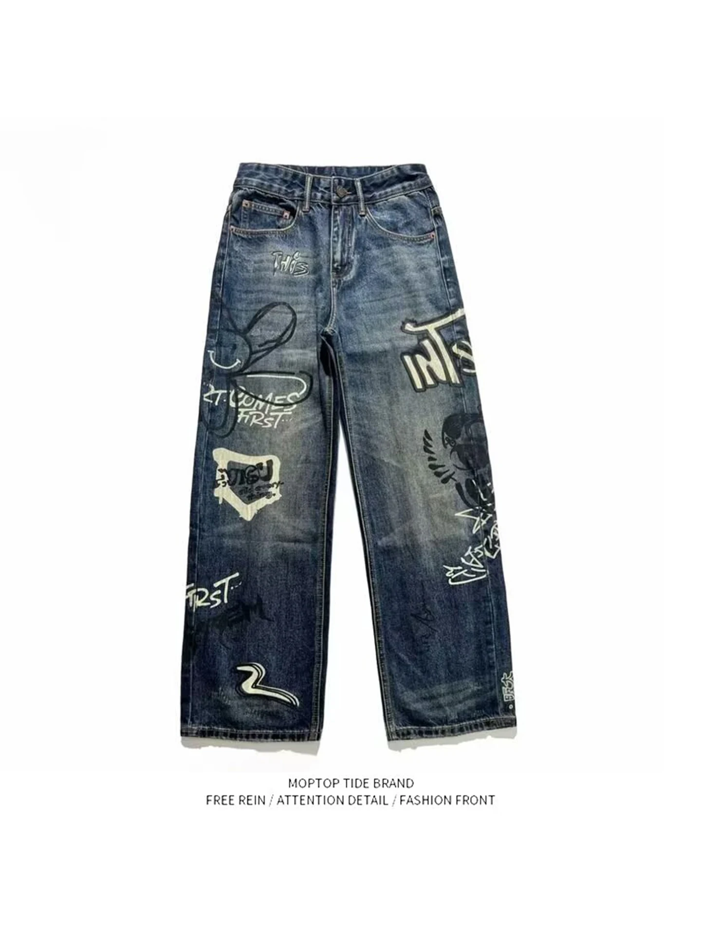 

Retro fiti Print Hole Denim Jeans Men's Trendy Loose Hip Hop Wide Leg Long Pants Street Sle Casual Straight Tube
