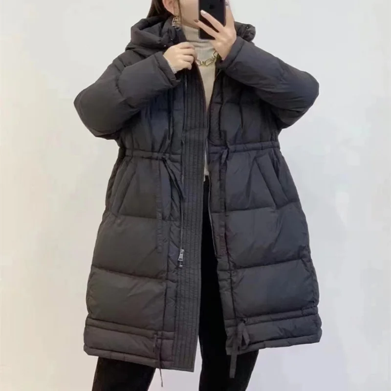 Women's White Duck Down Long Jacket with Hood, Large Size, Loose, Thick Down Jacket, Waist Over the Knee, Slim Solid Color Coat