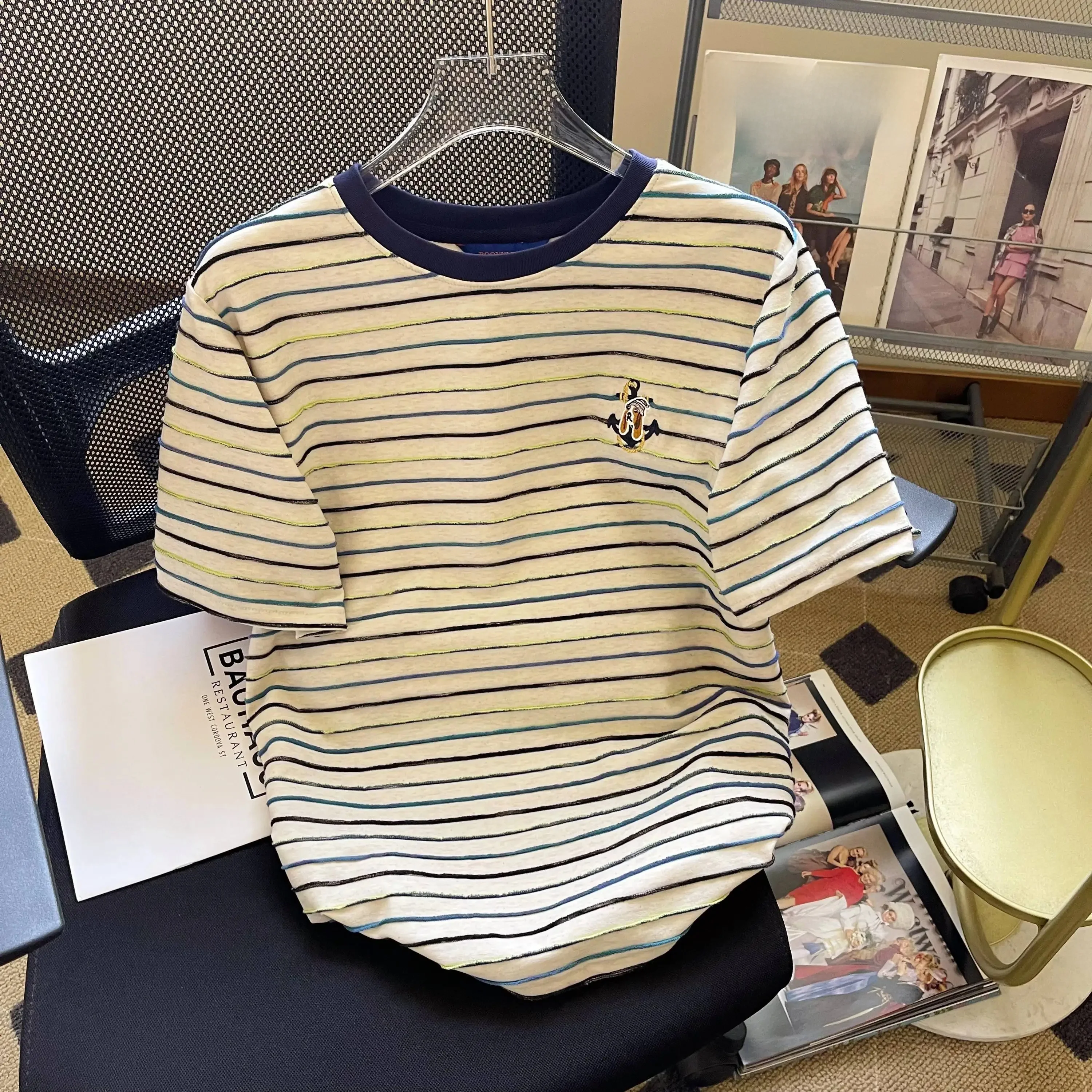 

plus Size Women's T-Shirt Short Sleeve Embroidered Loose Fit Summer Slimming Top Stripes Korean Style Casual Wear