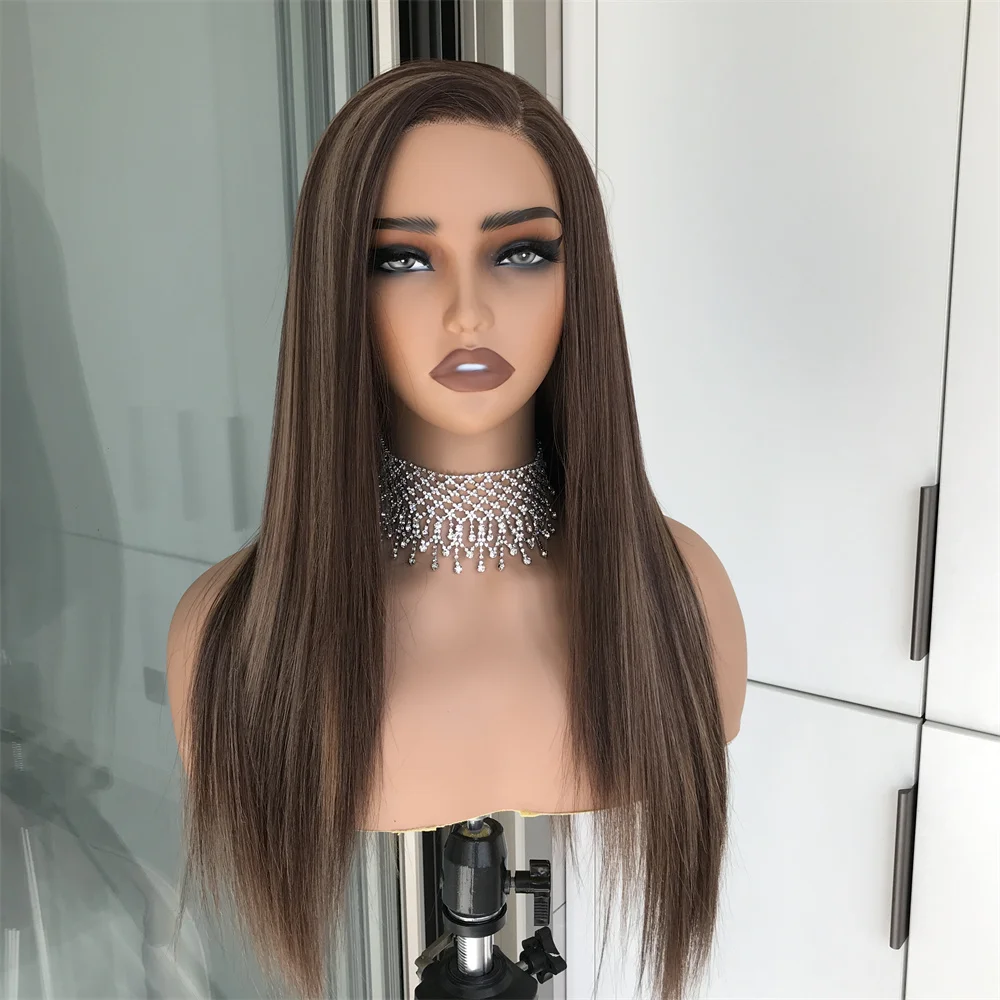Brown Mix Blonde Highlight Long Straight Wear and Go Glueless Synthetic Lace Wigs Side Part  22inch Daily Use