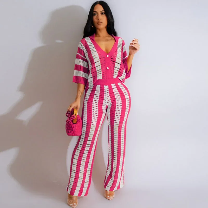 Striped Knitted Pants Set Women 2 Piece Outfit Elegant Hollow Out Button Up V-neck Top and Wide Leg Pants Matching Sets Vacation