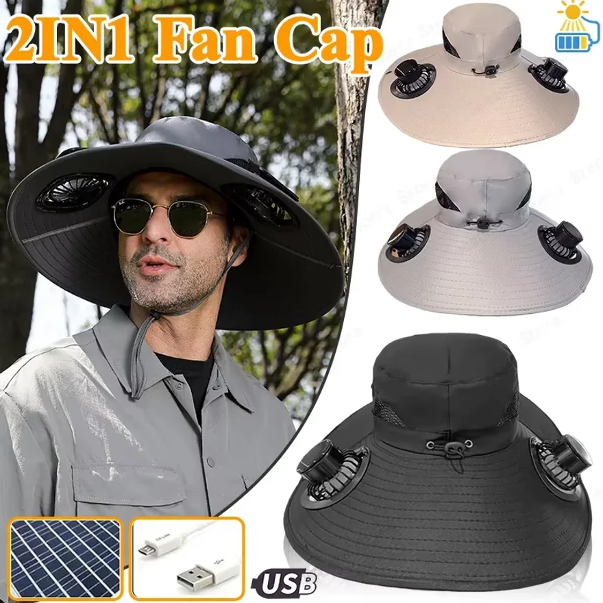 

New Multi-Function Solar Fan Sun Hat - Waterproof Fishing Hat with Built-In USB Charging & Wide Brim for UV/Heat Protection
