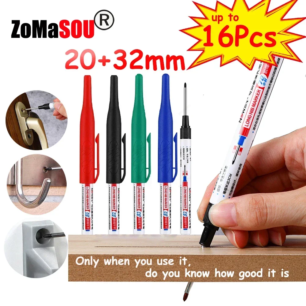 

1-16Pcs 20+32mm Deep Hole Marker Pens Waterproof Woodworking Long Nib Head Markers Pen Tile Bathroom Decor Red/Black/Blue/Green