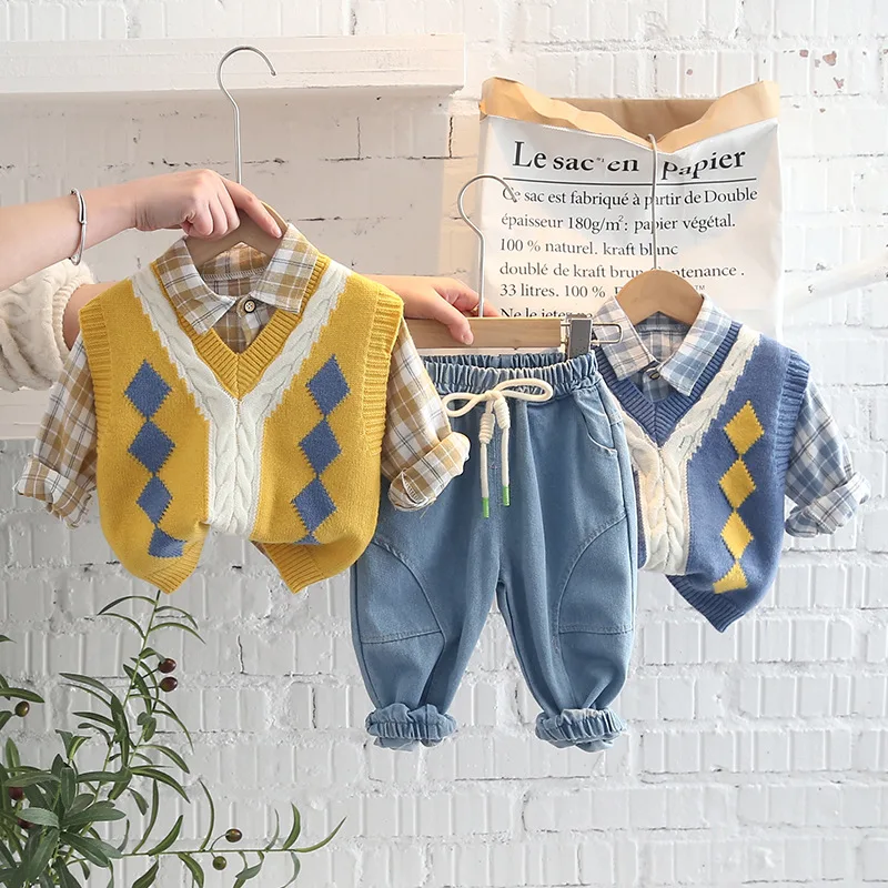 

Korean 2024 New Baby Boy Clothing Sets Autumn For Children Cotton Fashion Pants Shirt+Vest 3pc Kids Clothes Boy Suit 1-5Y