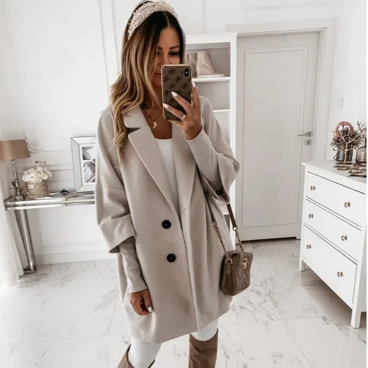 EBay Best Selling Autumn/Winter Solid Color Loose Fit Casual Women's Jacket With Lapel Opening Woolen Short Coat