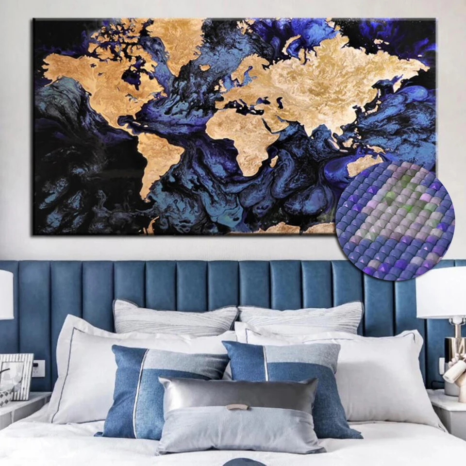 Blue World Map DIY Abstract Diamond Painting Diamonds Cross Art Embroidery Kit Mosaic Picture Living Room Home Decoration