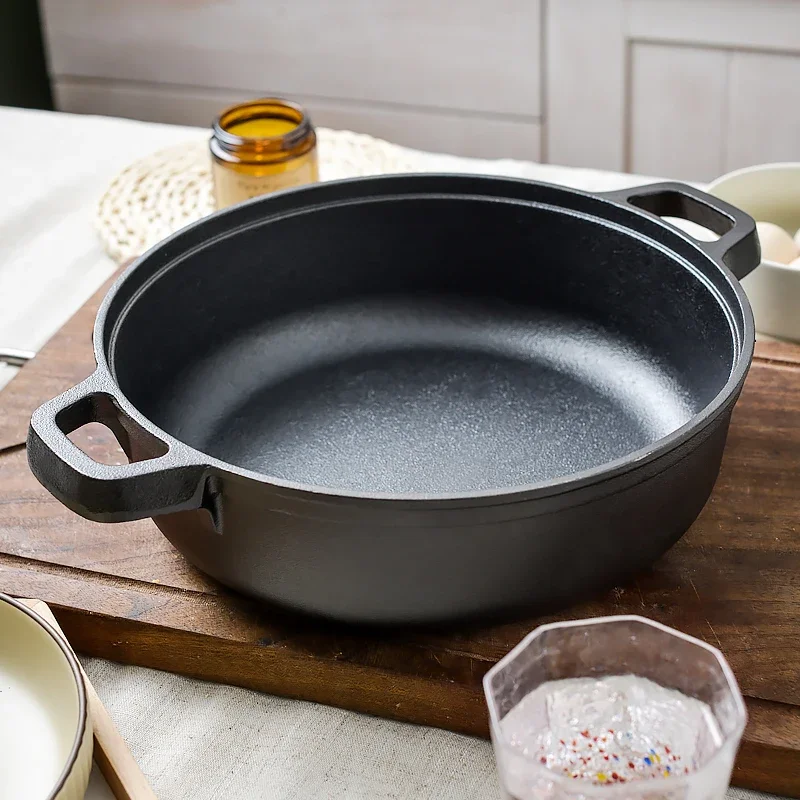 Z Cazuela de sopa de hierro fundido sin recubrimiento con orejas dobles 28/31/33 cm con tapa de vidrio