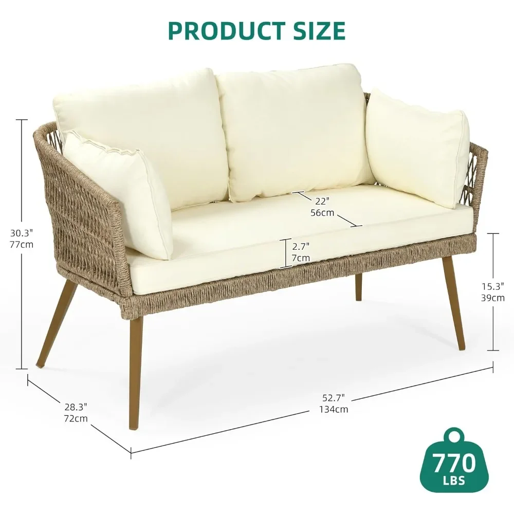 All-Weather Rattan Sofá com Almofadas e Almofadas Lombares, Pátio Loveseat, Mobiliário ao ar livre Conjunto para Varanda, 2 lugares