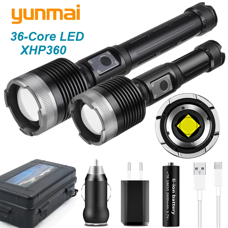 YUNMAI Led Flashlight 36-Core XHP360 Super Bright High Quality Torch Aluminum Alloy Waterproof Zoomable Lantern Fishing Lights