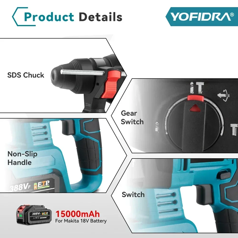 1680W Brushless Electric Hammer Drill 26MM Multifunctional Cordless Rechargeable Screwdriver Power Tool For Makita 18V Battery