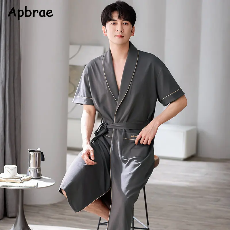 Accappatoio in morbido cotone da uomo nuova estate Apbrae grigio scuro mezza manica abito solido taglia grande 4XL moda elegante kimono per