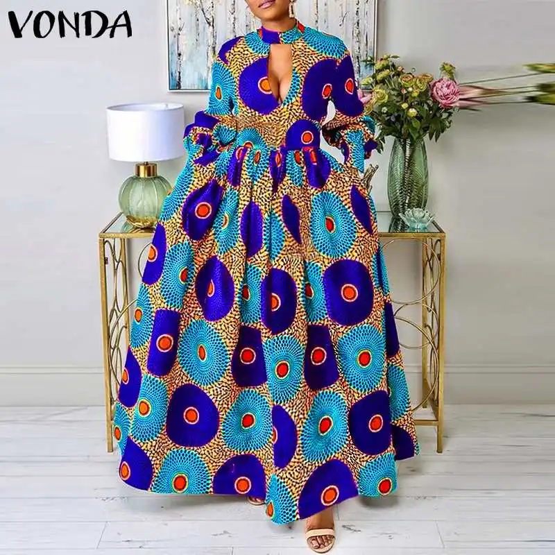 VONDA 2023 Summer Bohemian Robe Lantern Sleeve Maxi Sundress Vintage Lady Printed Pleated Long Dress Casual Belted Party Vestido