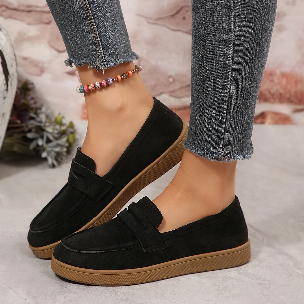 2026 Fall Women's Fashion Suede Sneakers with Double Buckle Metal Details Lightweight Breathable Comfortable Casual Flats