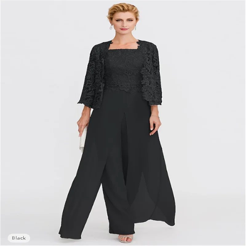 

Jumpsuit Pantsuit 3 Piece Square Neck Elegant Formal Wedding Guest Chiffon Corded Lace Mother of the Bride Dress Wrap with Lace
