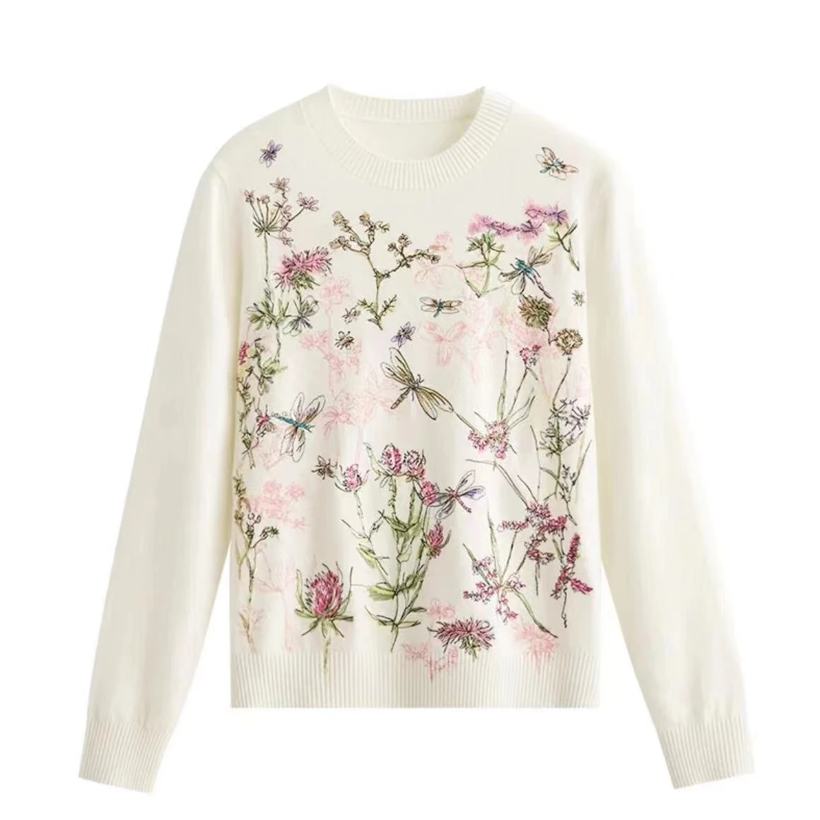 Embroidery Flower 2024 Autumn Winter Luxury Brand Design White Knit Long sleeves Sweater For Women Knitwear Pullover Clothes