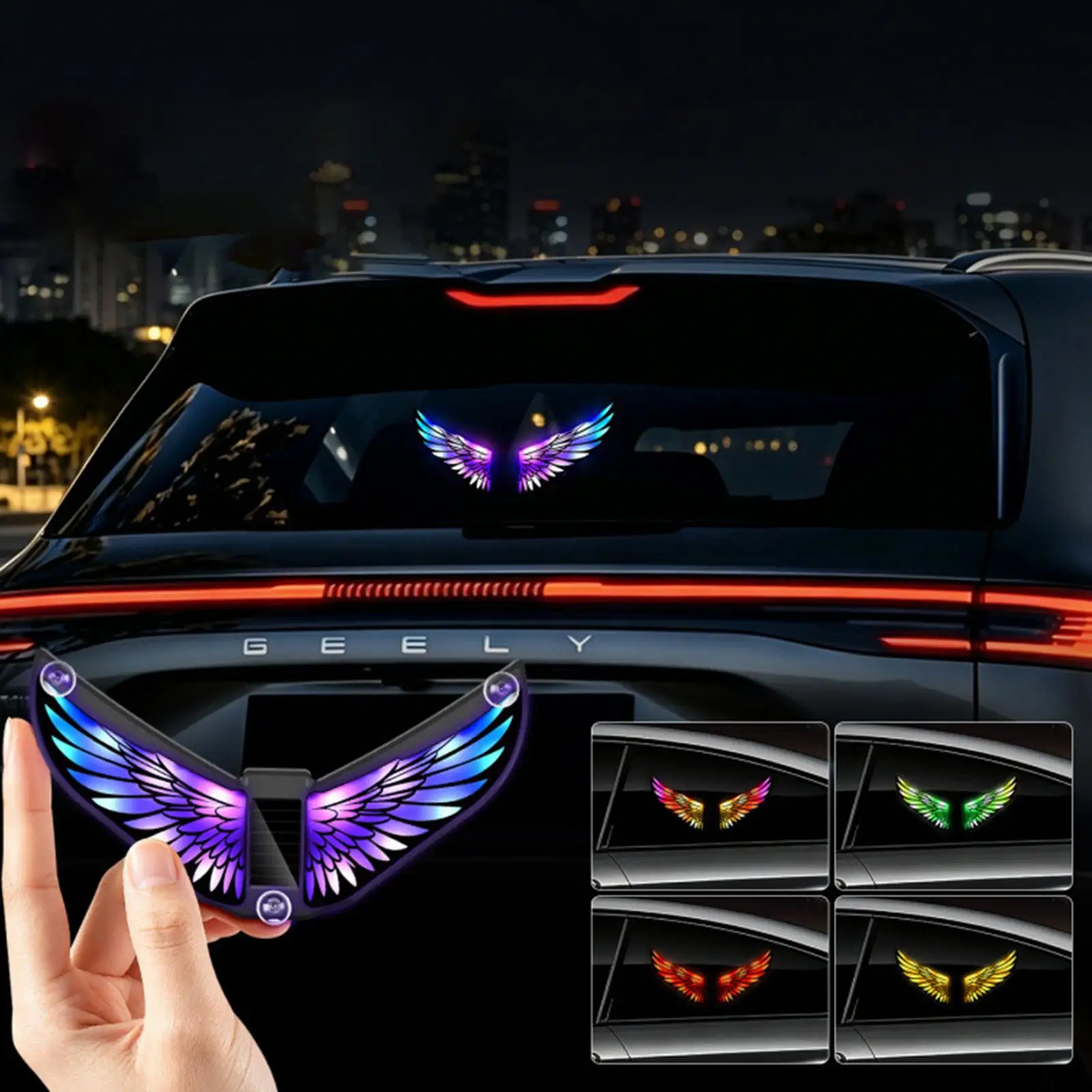 LED Car Window Light Solar-Powered USB Charging Suction Cup Lamp Cartoon Wings Car Window Light For Drivers Enthusiasts Women