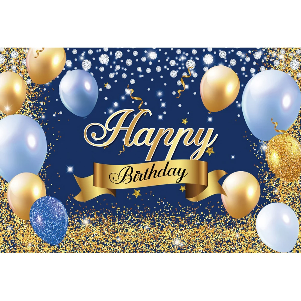 Laeacco Blue And Gold Happy Birthday Backdrop Glitter Golden Dots Diamonds Balloons Women Girls Portrait Photography Background