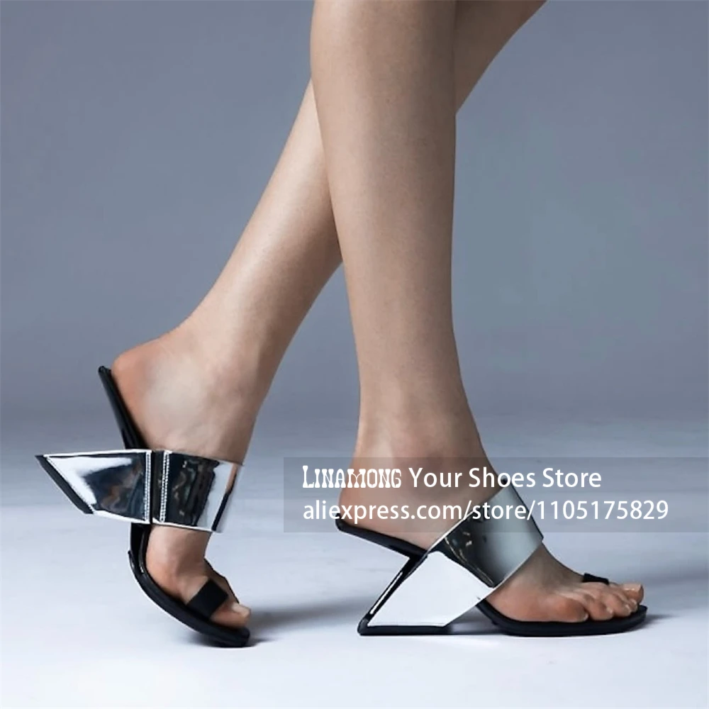 Metallic Mirror Geometric Sculptural Heel Mules Toe Ring Slide Square Open Toe Avant Garde Designer Party Evening Dress Footwear