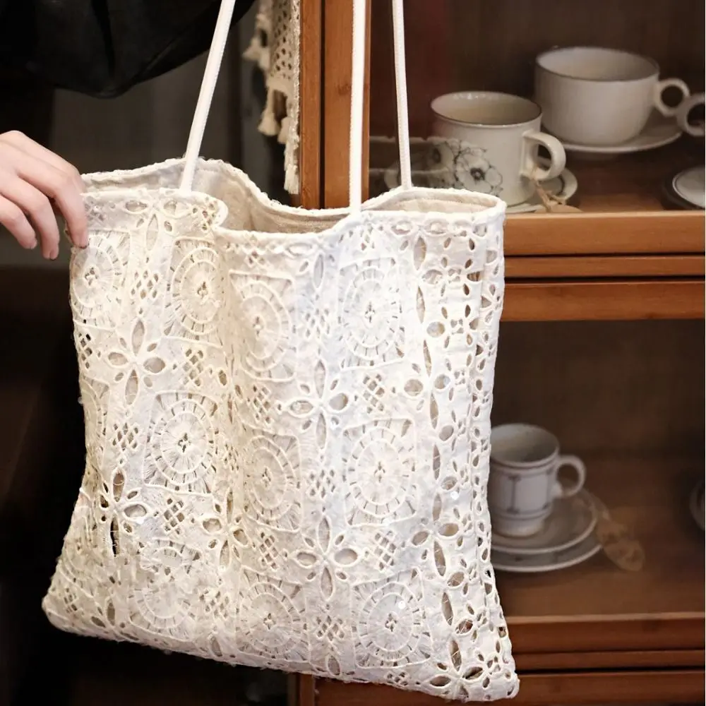 

Hollow Out Embroidery Lace Shoulder Bag Embroidered Large Capacity Sequin Tote Bag Flower Bohemian Women's Weave Handbag Summer