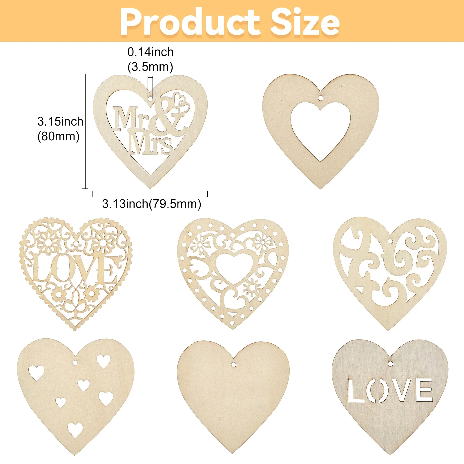 40Pcs 8 Styles Wedding Theme Blank Wooden Heart Shape Ornaments Unfinished Hearts Wood Cutouts for Valentine Jewelry Making