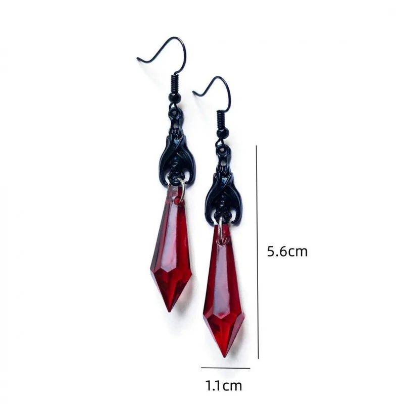 Gothic Black Bat with Blood Red Faceted Drops Women`s Vintage Earrings