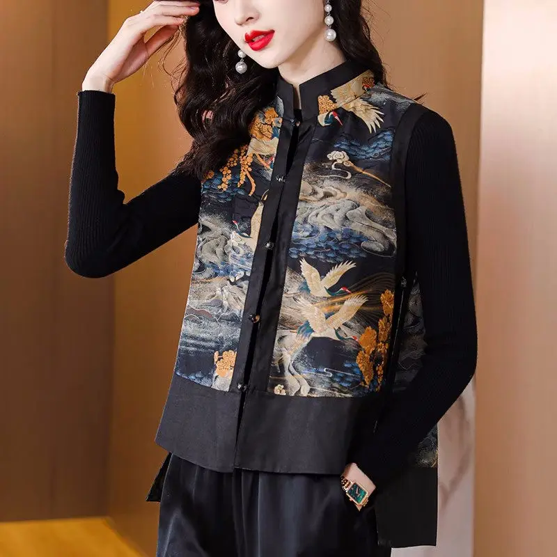 Chinese Vest 2023 Spring New Ethnic Style Retro Large Size Velvet Spliced Waistcoat Sleeveless Printed Reversible Coat Tops Z928