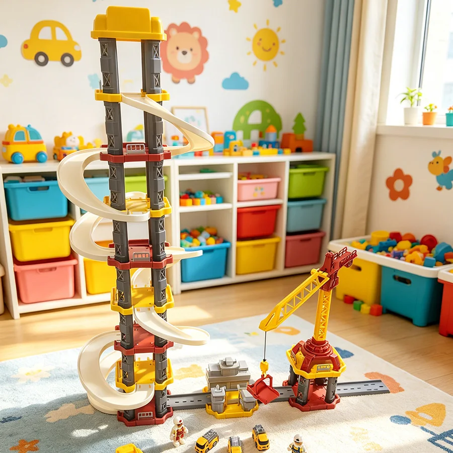 Boy's large eight story engineering series rail car toy with suspension tower, children's parking lot toy (color random)