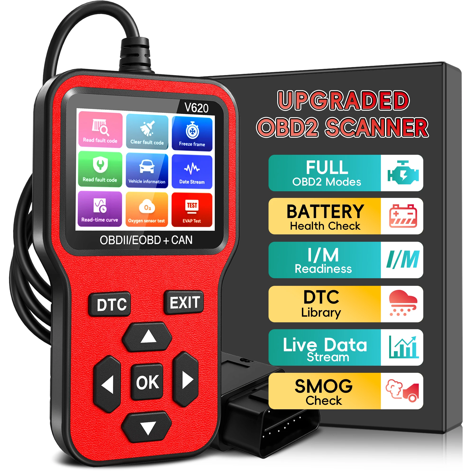 

OBD2 Scanner Diagnostic Tool with Battery Tester, Check Engine Fault Code Reader with Live Data, DTC Lookup, Freeze Frame