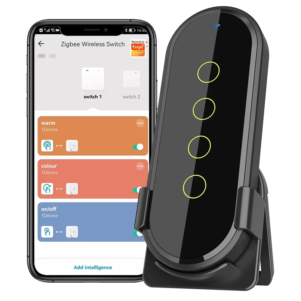 SZMYO Tuya Zigbee 3.0 Smart Home 4-Gang 12-Scene Touch App Remote Control Bridge Battery Operated Tempered Glass Panel Modern