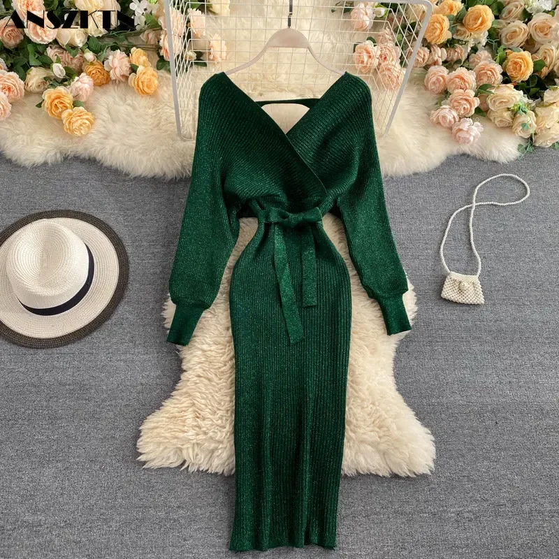 

Knitted Dress Women's Autumn and Winter ANSZKTN Bat Sleeve Temperament V-neck Waist Slim Sexy Wrap Hip Skirt