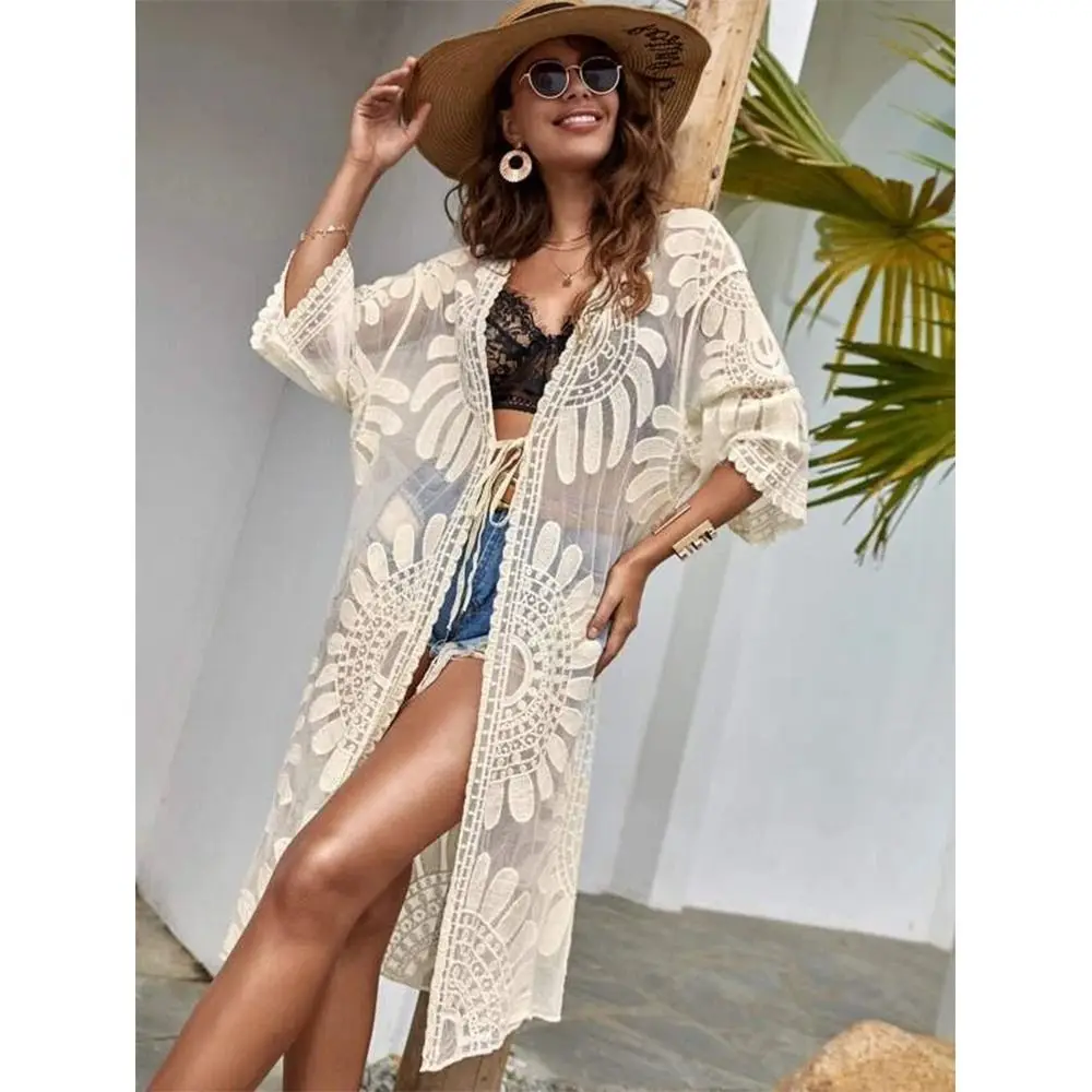 Modischer Sonnenschutz-Bikini-Überzug mit V-Ausschnitt, Bestickter Spitzen-Cardigan, Sonnenblumen-Badeanzug für Frühling und Sommer – Detail 3