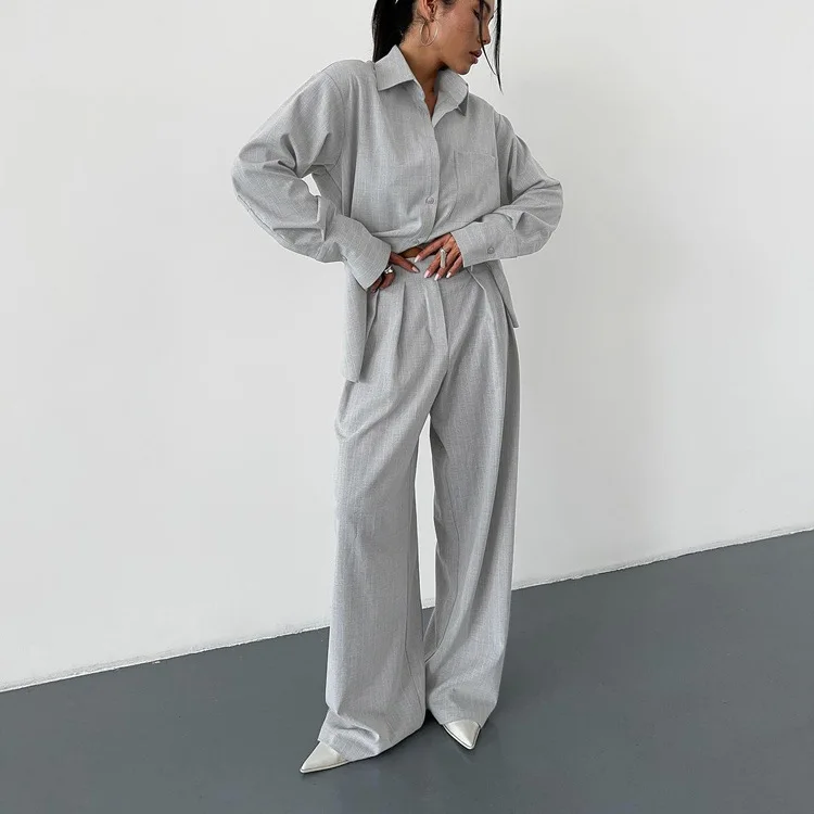 

2025 Осенняя мода Свободные серые офисные комплекты из 2 предметов Женский наряд Элегантная блузка с длинным рукавом и широкими брюками с высокой талией Женский комплект