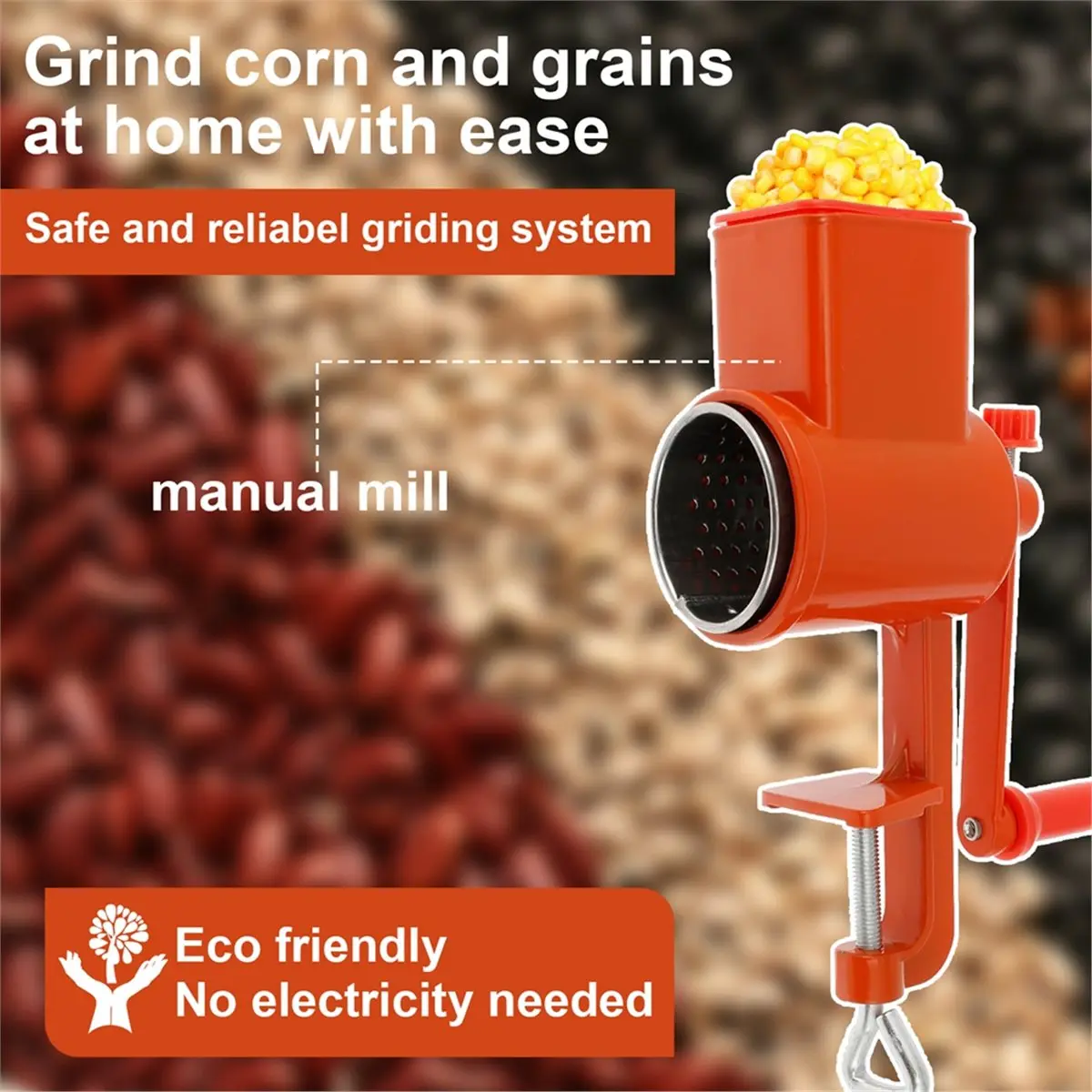 Rustproof Hand Crank Grain Mill with Table Clamp for Home and Commercial Use