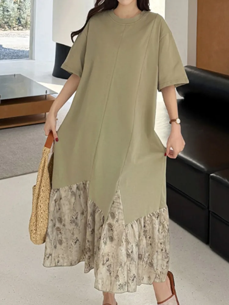 فستان نسائي صيفي جديد غير منتظم من كوريا فستان طويل من فيستدوس رداء Elbise فضفاض مقاس كبير بحاشية مرقعة لون أسود